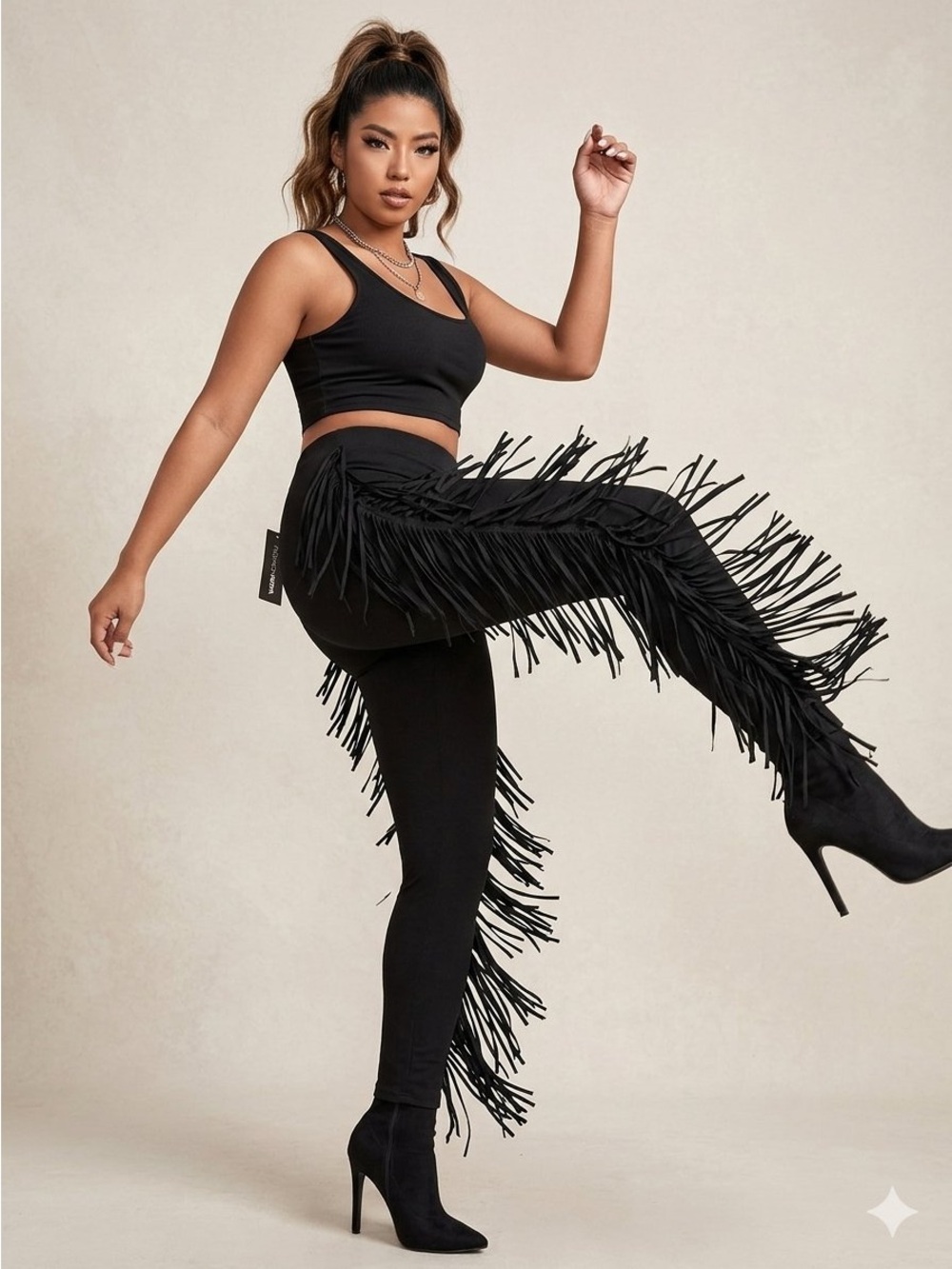 Fashion Nova Shake It Like A Fringe Shaker Leggings Black High Waisted Pants M